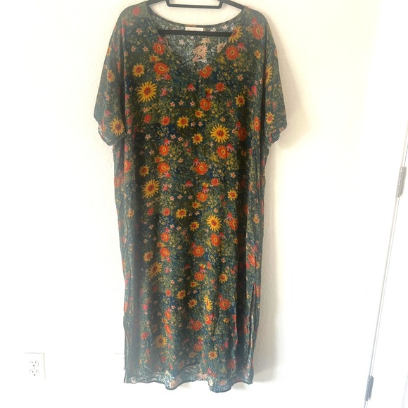 Natural Life Sz L Claire Maxi Dress Green Floral Short Sleeve Boho Sunflower - Picture 2 of 11